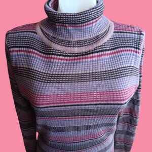 Medium True Vintage Sweater Top Striped Turtleneck Ribbed Knit Womens 70's Boho
